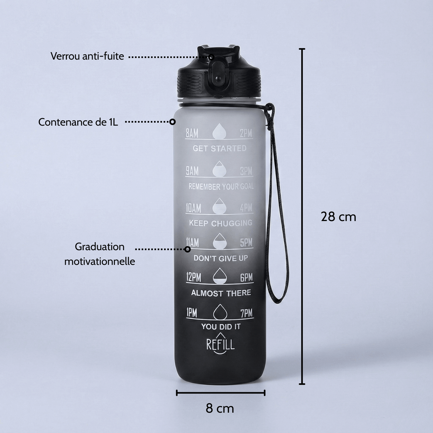 Gourde motivationnelle anti-fuite 1L - Noire