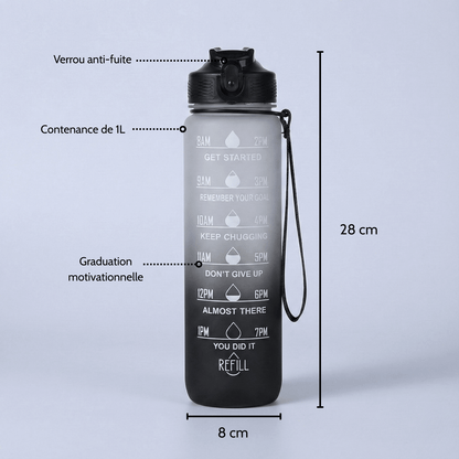 Gourde motivationnelle anti-fuite 1L - Noire